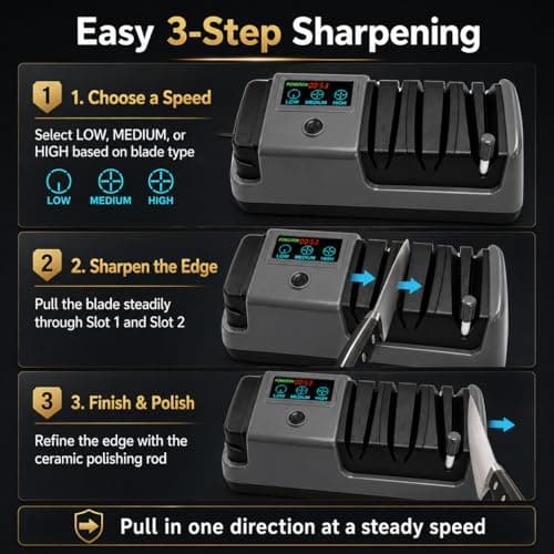 Electric Knife Sharpener for Knives, Scissors, Axes, 5-in-1 Multi-Function Sharpener with Adjustable Speed, 3-Stage Diamond Grinding, Ceramic Polishing Rod, LCD Display - Thumbnail 6
