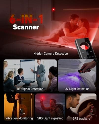 Anti-Spy Hidden Camera Detector - 6-in-1 GPS Tracker & Bug Detector, Signal Scanner, Rechargeable Privacy Protector for Solo Users/Hotel/Office/Home/Car with Intrusion Alert & SOS Flash Alert,Black - Thumbnail 2