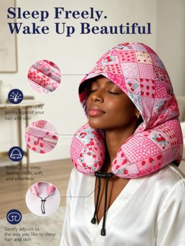 BAIKEA Satin Neck Pillow with Hood Pixie Pillows for Short Hair Sleep Travel Airplane Memory Foam Long Flight Plane Essentials Black - Thumbnail 4