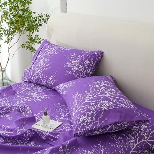 Spirit Linen home King Size Sheets Set - Pure Microfiber 4 Piece Polyester Bed Sheets, Fitted Sheet & Pillow Cases - King Sheets for All Seasons (Foliage Purple/White, King) - Thumbnail 2