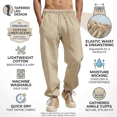 Linen Pants Men Tapered Leg Baggy Pants Men Cotton Yoga Pant Elastic Waist Drawstring Summer Beach Sweatpants Loose Casual Trousers 2026 - Thumbnail 5