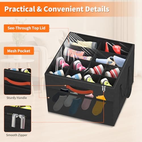 Aokeyee Shoe Organizer for Closet, 2 Pack Foldable Shoe Storage Organizer Box w/Clear Cover and 4 Reinforced Handles, Space Saving Shoes Bin Fits up to 16-32 Pairs, Black - Thumbnail 4