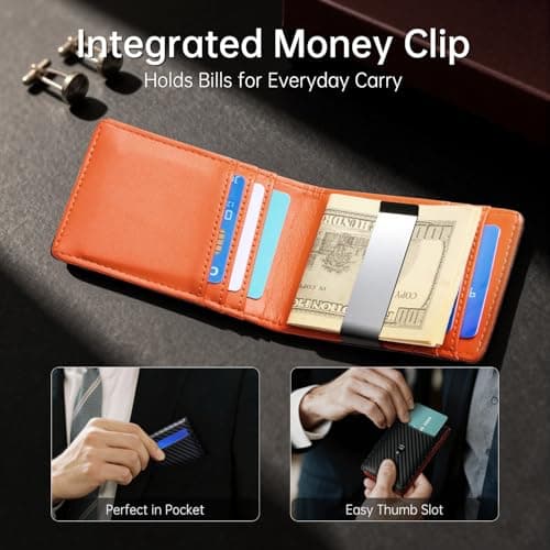 Gostwo Slim Wallet for Men, Minimalist Money Clip Card Wallet, RFID Blocking Bifold Mens Wallet, Front Pocket Credit Card Holder with ID Window, Gifts for Him, Carbon Black & Orange - Thumbnail 5