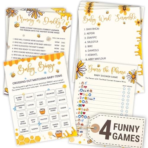 WOODAMORE Bumble Bee Baby Shower Games for Girl Boy - 4 Funny Party Games for Bee Baby Shower Decorations, Word Scramble Bingo Mommy Or Daddy Game Cards for 25 Guests