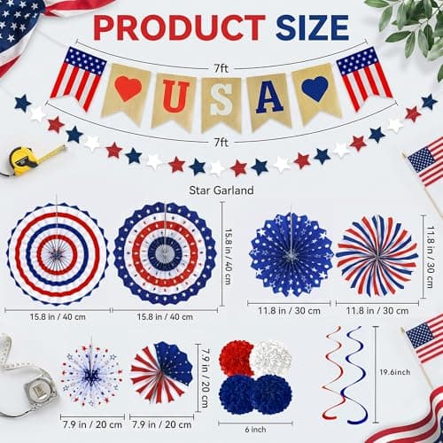 4th of July Decorations - 26 PCS Patriotic USA Banner Star Streamer Paper Fans Hanging Swirls Pompoms Set for Memorial Day | 250th Anniversary America Merchandise Accessories for Indoor Outdoor Home - Thumbnail 2