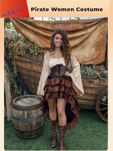 Verceco Pirate Costume Women Outfit with Renaissance Pirate Shirt Skirt Corset Waist Belt Womens Halloween Pirate Costumes (Beige+Brown, M) - Thumbnail 5