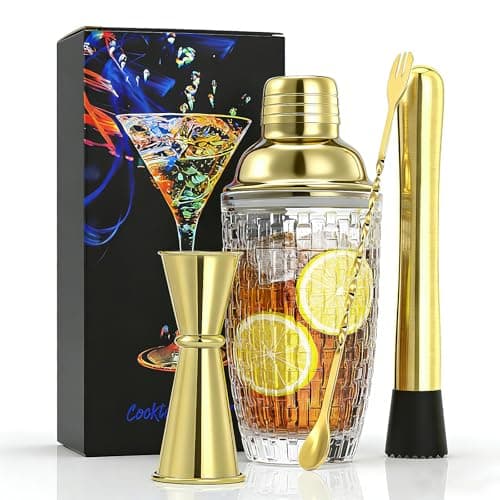 Farafox Cocktail Shaker Set - Gold Drink Shaker Bottle with Muddler Professional Martini Shaker Glass, Home Bartender Kit 13.5 Oz Drink Mixer with Measuring Jigger and Built-In Strainer - Image 1