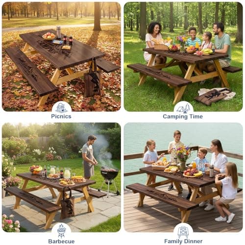 Picnic Table Cover with Bench Covers and Bag, 72in Camping Tablecloth, Waterproof Windproof Elastic Edges Fitted Rectangle Tables RV Gear Campers Must Have(Brown） - Thumbnail 6