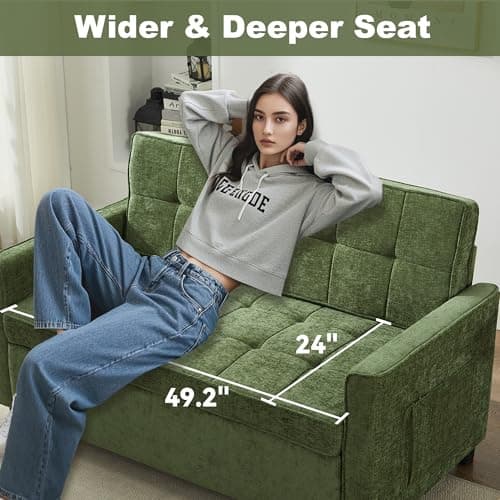 Tbfit 57" Loveseat Sleeper Convertible Sofa Bed, Futon Couch with Pullout Bed, USB & Adjustable Backrest, Chenille Full Size Pull Out Couches for Living Room, Apartment, Office, Dorm, RV, Green - Thumbnail 2