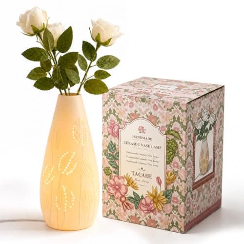 TACAHE Ceramic Vase Table Lamp, 2700K Bulb & 3 Artificial Flowers Included, E12 Socket, Inline Switch, Handmade Openwork Craft, Ambient Light for Living Room Bedroom - Tulip 11" - Image 1