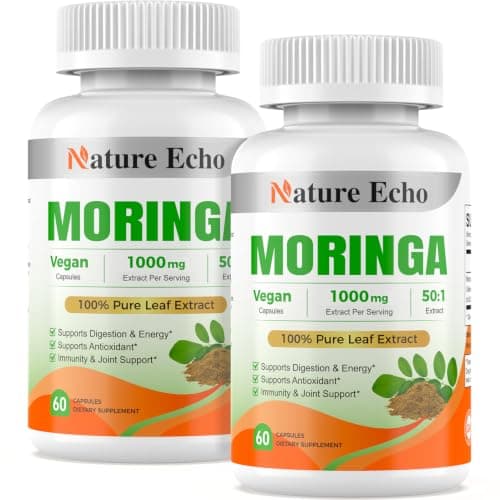 Nature Echo Moringa Capsules 1000mg, 50:1 High Potency Extract- Superfood Supplement - Vegan, Non-GMO, Gluten Free - 120 Capsules