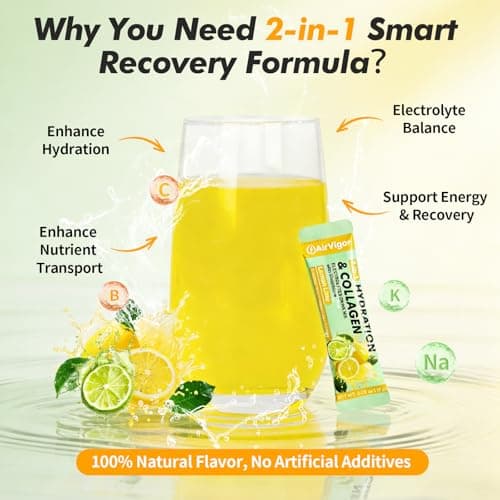 AirVigor Electrolyte Powder Packets, 10G Collagen Hydration Packets, Sugar Free Daily Electrolyte Hydration Recovery Drink Mix with 5 Vitamins & Glutathione, Joint Skin Muscle Support, Keto, Lemon - Thumbnail 3