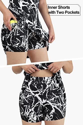 FREEYE Golf Dress with Shorts Underneath, Tennis Dresses with Pocktets Exercise Athletic Sport Tank Dress Top Running Hiking Summer Casual Tank T-Shirts Dresses Black and White Tie-Dye M - Thumbnail 2
