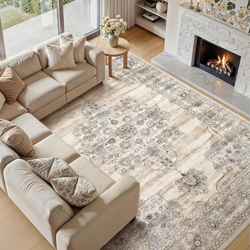 Jessibou Washable 8x10 Area Rug for Living Room & Dining Room - Large Vintage Farmhouse Soft Carpet with Non-Slip Backing, Stain Resistant Low-Pile Indoor Rug for Home Office, Kid & Pet Friendy -Beige - Thumbnail 5