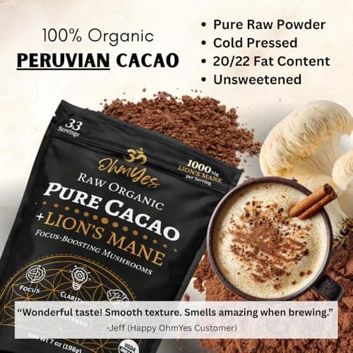 OhmYes Lions Mane Mushroom Cacao | Raw Organic Natural Chocolate Powder Drink Mix | Plant-Based Energy and Cognitive Support | Sugar-Free Flavanol Superfood | 33 Servings - Thumbnail 4