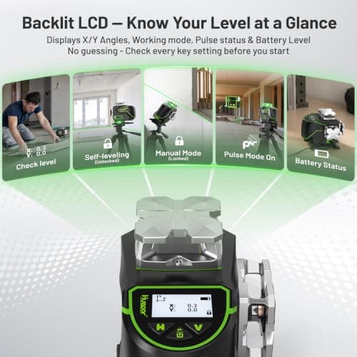 Huepar Laser Level 360 Self Leveling, S04CG 4x360° Green 4D Cross Line Laser with LCD Screen, Bluetooth Outdoor Pulse Mode, Remote Control, Rechargeable 16 Lines Laser Tool for Construction/Tile/Floor - Thumbnail 2