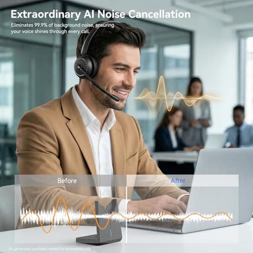 Wireless Headset with Mic for Clear Work Calls, Bluetooth 5.2 Headset with Noise Cancelling Microphone & Mute Button, 40H Talk Time for Zoom Teams, Home Office, PC Mac Laptop Phone (Glossy Black) - Thumbnail 2