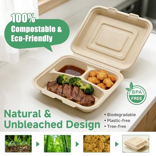Clamshell Take Out Food Containers - 9x8 Inch Takeout Lunch Box Containers To Go Take Out Clamshell for Food, leftover containers with lids,Disposable Eco-Friendly Biodegradable, PFAS-Free (75) - Thumbnail 3