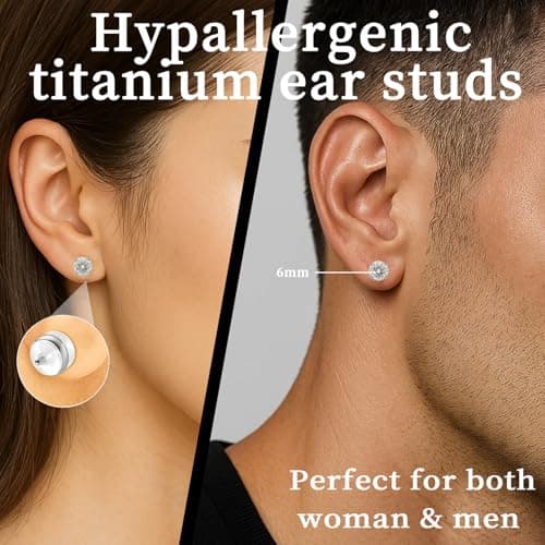 6mm Moissanite Stud Earrings in White Gold Plated Titanium | HypoAllergenic Earrings for Women & Men (Silver 6mm) - Thumbnail 2