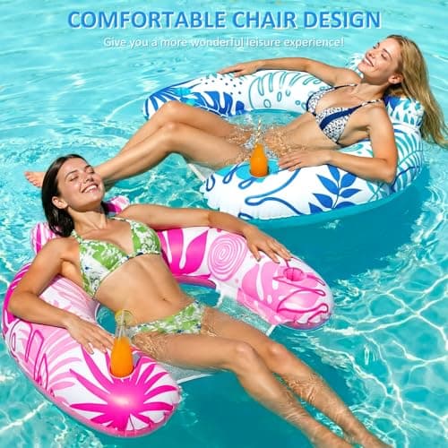 2 Pack Pool Floats Adult, Inflatable Pool Float Chair with Cup Holders, Floating Pool Chairs Lounge Floaties for Adults Swimming Party Lake River Beach Summer Water Fun - Thumbnail 6