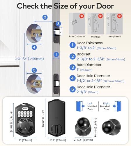 TEEHO TE012W-K WiFi Smart Keyless Entry Door Lock with Handle, Fingerprint Door Knob & Digital Keypad, APP Remote Control, Works with Alexa & Google, Electronic Deadbolt for Front Door, Matte Black - Thumbnail 6