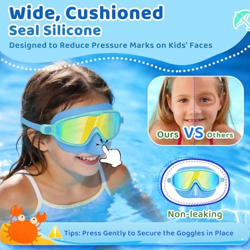 Vvinca 2 Pack Kids Swim Goggles with Nose Cover, Wide View Anti-Fog UV Protection Swimming Mask for Boys Girls Ages 3-14, No Leak Pool Goggles for Toddlers - Thumbnail 4