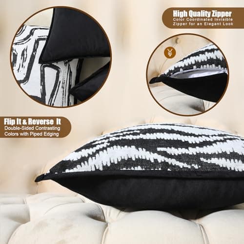 OLSUNOR Black and White Pillow Covers, 20x20 inch Striped Decorative Throw Pillow Covers w/Invisible Zipper & Velvet Flange Edge, Soft Chenille Jacquard Accent Pillow for Mother's Day, Home Decor - Thumbnail 5