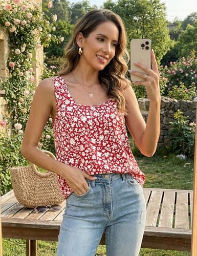 Totatuit Womens Silk Satin Camisole Cami Sleeveless Scoop Neck Tank Top Soft Summer T-Shirt Blouse Shirt Concert Going Out Tops Red Apricot Floral XX-Large - Thumbnail 3