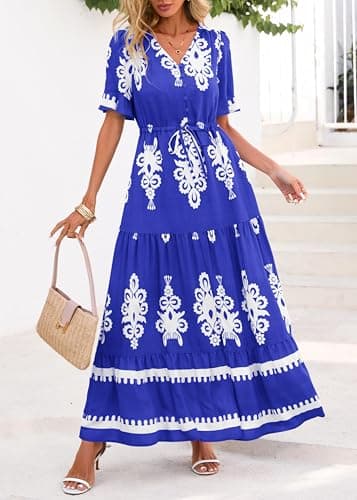 Lazysmile Summer Dresses for Women Short Sleeve V Neck Floral Drawstring Flowy A Line Boho Maxi Dress with Pockets Blue - Thumbnail 4