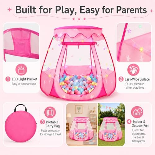 Pop Up Princess Tent with Colorful Star Lights for 1 2 3 Year Old Birthday Gift, 12-18 Months Baby Girl Toys, Foldable Ball Pit with Carrying Bag, Indoor&Outdoor Play Tent for Kids - Thumbnail 3