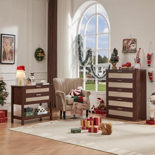 LEYAOYAO 31.5" Wide Rattan Night Stand, Oversized Large Walnut Nightstand with 2 Drawer, Boho Bed Side End Tables with Storage Shelf, Tall Bedside Table for Bedroom Living Room, Hallway - Thumbnail 6