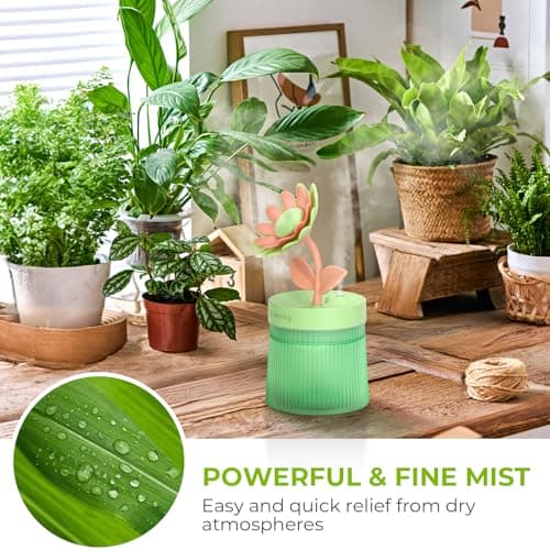 Cute Flower Mini Humidifier, 260ml Sunflower Desktop Humidifiers for Bedroom, Portable Small Cool Mist Humidification for Home, Baby Nursery, Office & Indoor Plants, USB Powered (Green) - Thumbnail 2