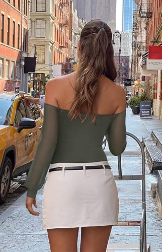 REORIA Womens Going Out Off The Shoulder Sheer Mesh Puff Long Sleeve Thong Bodysuit Tops Grayish Green Small - Thumbnail 5