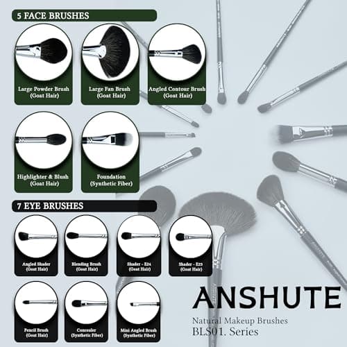 Anshute 12-Piece Professional Natural Goat Hair Makeup Brush Set with Travel-Ready Makeup Brush Organizer - 5 Face & 7 Eye Brushes. Super Soft Bristles, Variety of Brushes. Labled Brush Handle - Thumbnail 2