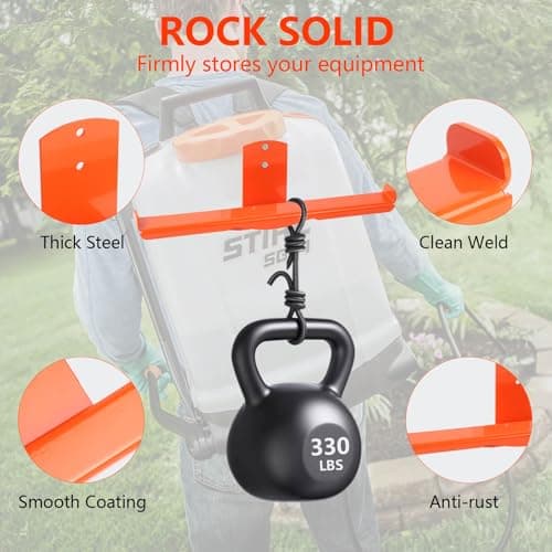 Backpack Blower Rack with Hose Holder - Heavy Duty Backpack Sprayer Wall Mount with Dual-Sided Hooks, Space-Saving Backpack Hanger for Weed Eater, Hedge Trimmer and Chain Saw, 330lbs Load Capacity - Thumbnail 4