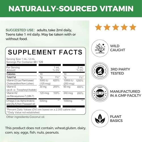 2 Pack Organic Vitamin D3 K2 Liquid 10000 IU w/ Vegan Omega-3 & Coconut MCT Oil - Maximum Strength Vitamin D Supplement, No Fillers, Non-GMO K2 as MK7 for Bones, Muscles & High Absorption-2 Fl Oz - Thumbnail 5