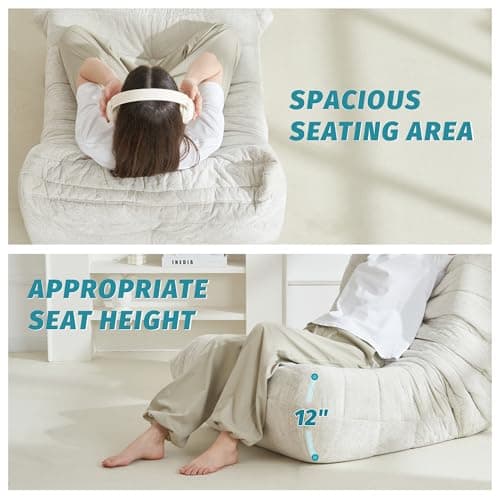 Homguava Bean Bag Chair, Giant Beanbag Chairs for Adults, Memory Foam Fireside Chair, Large Lazy Floor Sofa, Sofa Couch with High-Rebound Foam, Lounge Chair for Living Room, Bedroom (Beige, Single) - Thumbnail 4