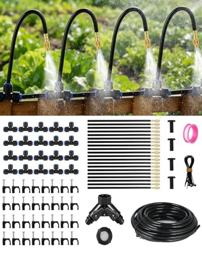 130FT Drip Irrigation System for Garden: 20 Nozzles 1/4" PE Tubing Automatic Watering Kit Adjustable Misting Sprinkler Mister Hose for Water Plants Tape Raised Beds Lawn Outdoor Yard Greenhouse - Image 1