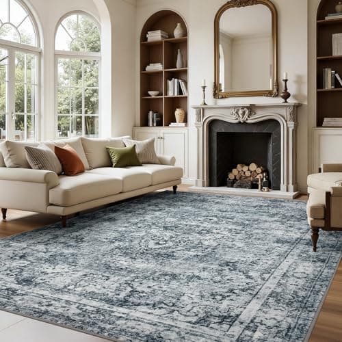 Joydeco 4x6 Area Rugs for Living Room, Non Slip Machine Washable Vintage Rug, Low Pile Chenille Print Rugs for Bedroom, Dining Room, Home Office, Pet & Child Friendly, Light Grey - Image 1