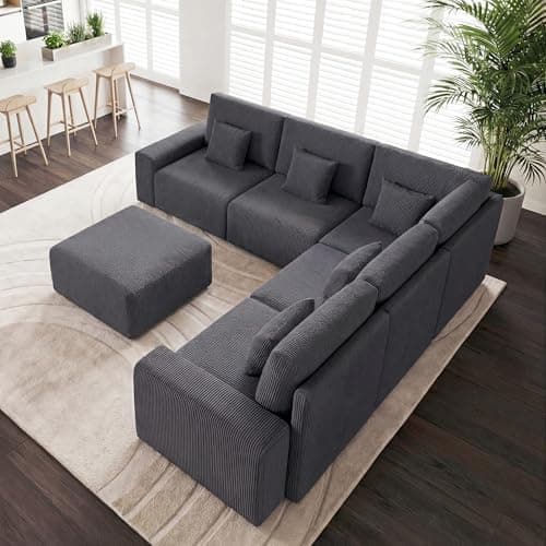 Luxury Oversized Corduroy Modular Couch, Comfy U-Shaped Cloud Sectional Sofa with Deep Seats, Moveable Ottomans, Modern Minimalist Sleeper Sofa for Living Rooms (6-Seater U Shaped, Grey) - Thumbnail 3