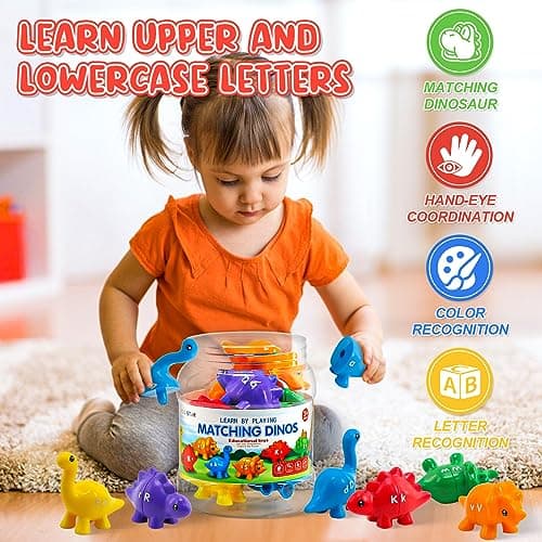 Montessori Learning Toys for Toddlers 1-3, Matching Letters Fine Motor Toy, Double-Sided 26 PCS ABC Dinosaur Alphabet Games for Kids Ages 3-5, Alphabet Learning Dinosaur Set for Kindergarten - Thumbnail 6