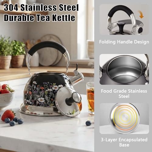 Tinlon Enamel Tea Kettle, 3.1QT Vintage Whistling Tea Kettle for Stovetop - Thumbnail 3
