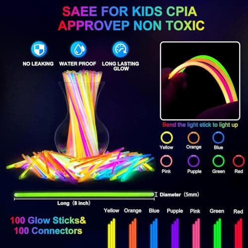 HONLYNE 100 Pack Glow Sticks Party Favors Bulk, 8" Glow in the Dark Party Supplies, Party Favors for Kids 8-12, Neon Glow Stick Bracelets & Necklaces for Raves, Halloween, Christmas, Birthdays - Thumbnail 5