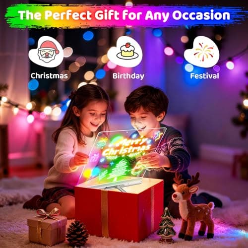16“ Rechargeable LED Drawing Board, 9-Color Light Modes with Timer & Built-in Stand, Neon Art Dry Erase Glow Up Doodle Note Pad, Sketching Gift Toy for Kids/Girls/Teens, 6 Markers & Tracing Book - Thumbnail 4