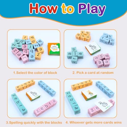 Humerry Spelling Games for Kids Ages 3-8, Phonics Matching Game with 54 Flash Cards & 20 Letter Blocks, CVC & Sight Word Building Reading Game, Classroom Must Haves for Preschool & Kindergarten - Thumbnail 6