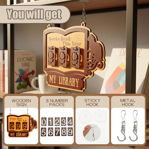 Books Read This Year Counter - Large Wooden book counter sign for Wall & Bookshelf Decor, Hanging Reading Count Plaque with "My Library" Text | Best Gifts for Book Lovers, Teachers & Librarians - Thumbnail 5