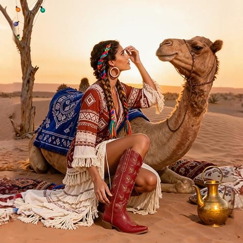 QIY Red Cowboy Boots for Women Embroidered Pointed Toe Cow Girl Classic Block Heel Nashville Knee High Western Cowgirl Boots Size 7 - Thumbnail 6