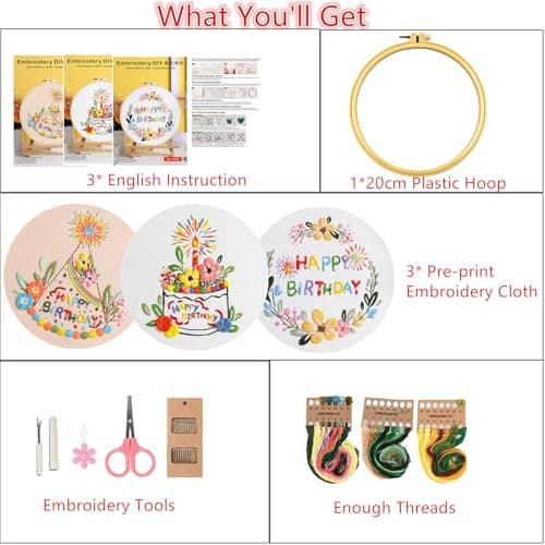 Mozzyyee 3 Sets Embroidery Starter Kit for Beginners Adults Include 3 Embroidery Clothes with Instructions Hoops Floss Thread Fabric Needles (Birthday) - Thumbnail 2