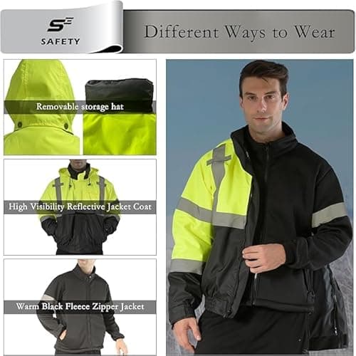 sesafety High Visibility Reflective Jackets for Men Waterproof, 3 In 1 Hi-Vis Reflective Winter Bomber Safety Rain Coat with Zipper Sweater, Construction - Thumbnail 2