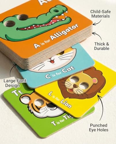 Giant Animal Alphabet Flash Cards with Handheld Animal Masks - 26 Pcs ABC Learning Cards for Toddlers 1-3 - Phonics Mnemonic Letter Recognition Toys for Preschool & Kindergarten Classroom - Thumbnail 2